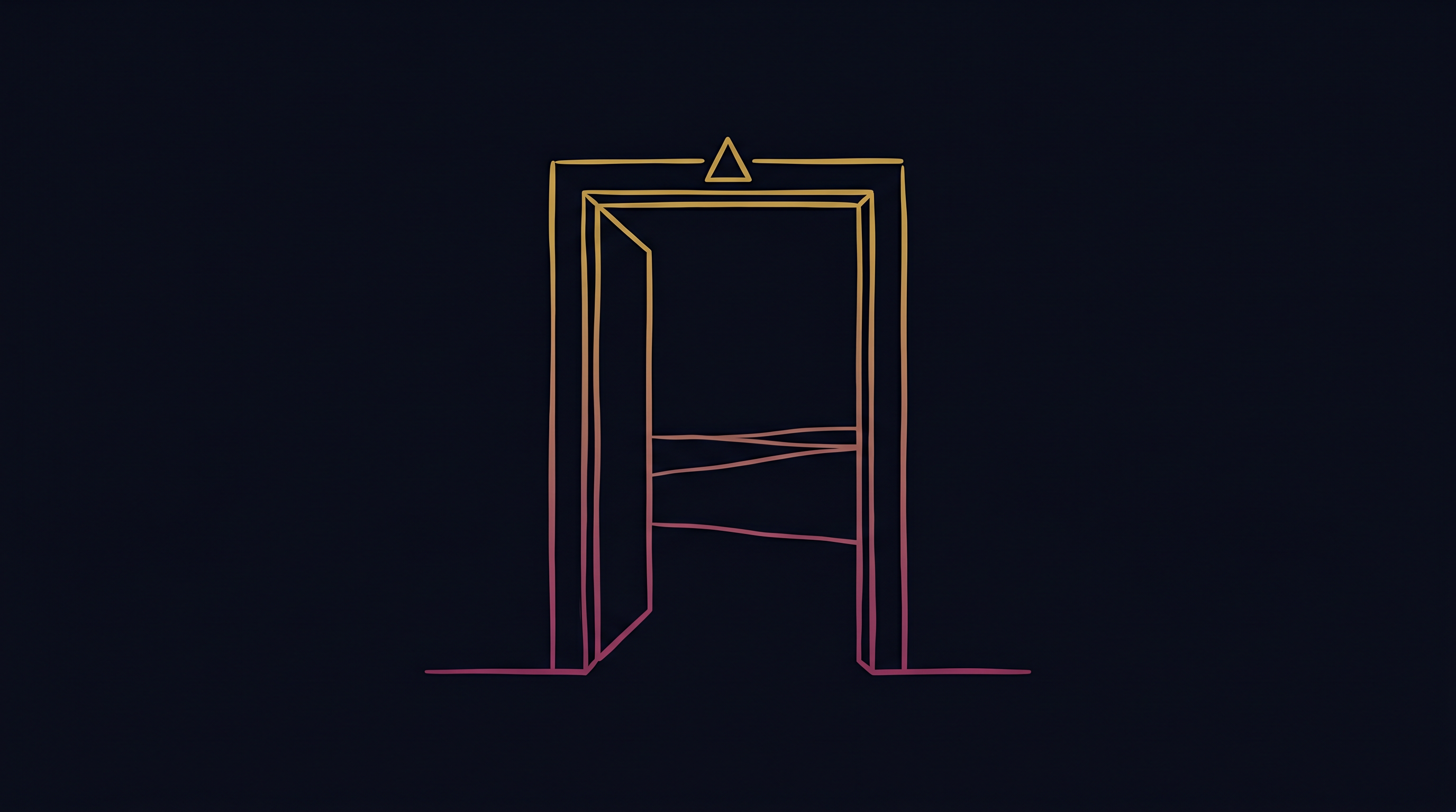 Line-art illustration of a calm delta branching through a landscape, gold-to-magenta gradient on dark slate