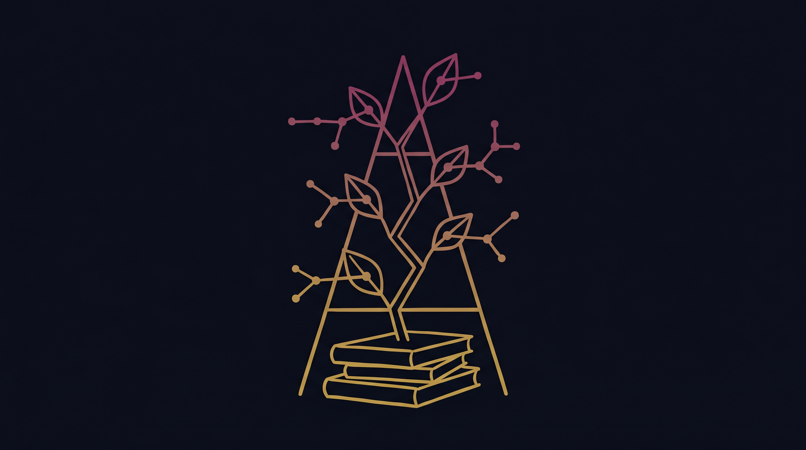 Line-art of a winding garden staircase with each step blooming with different flora, gold-to-magenta gradient on dark slate