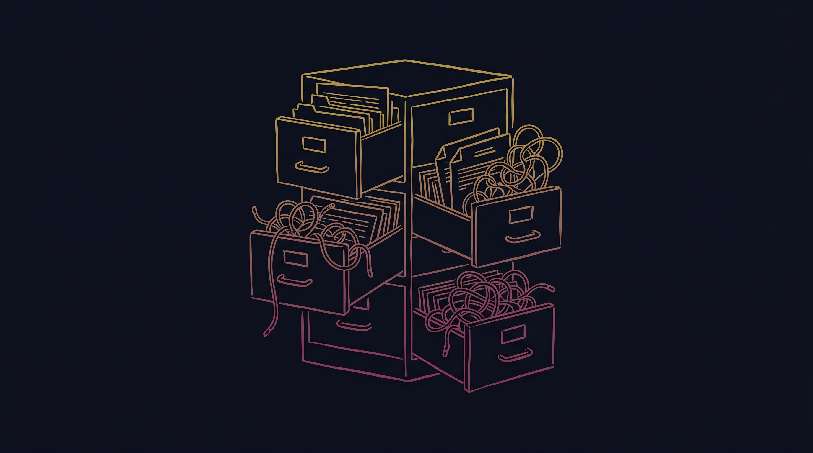 Line-art of an ornate filing cabinet overflowing with rule-cards, gold-to-magenta gradient on dark slate