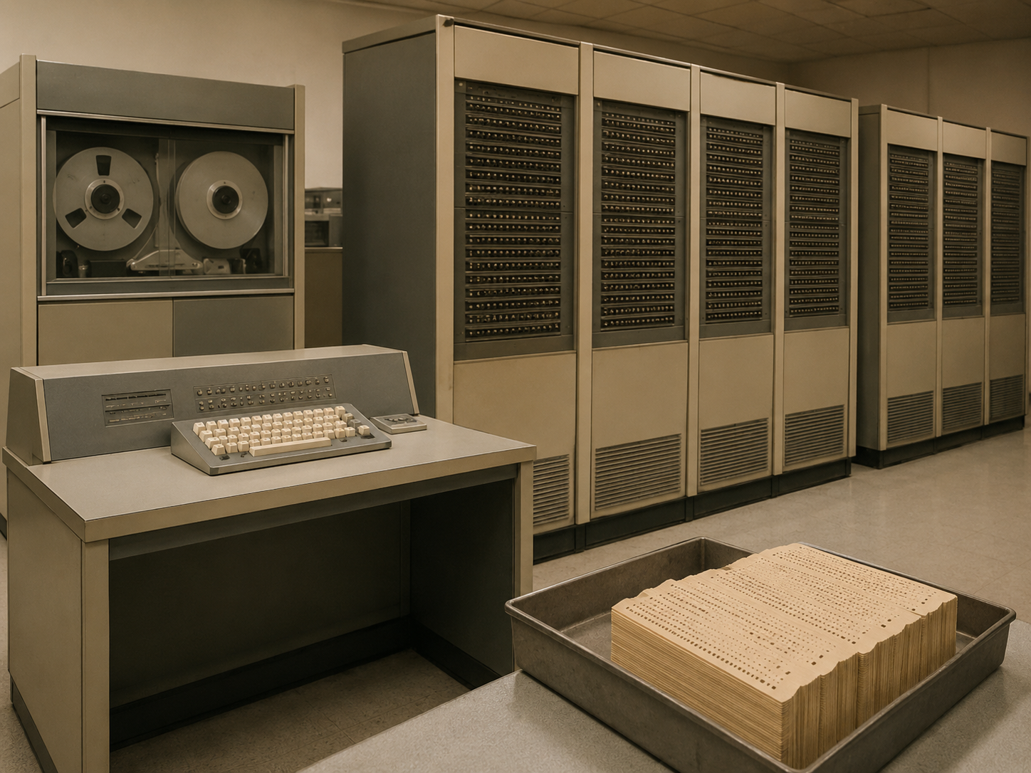 A preserved 1960s mainframe computer installation in a computing history archive: metal cabinets, a tape drive, and a console desk, with a tray of punched cards in the foreground.