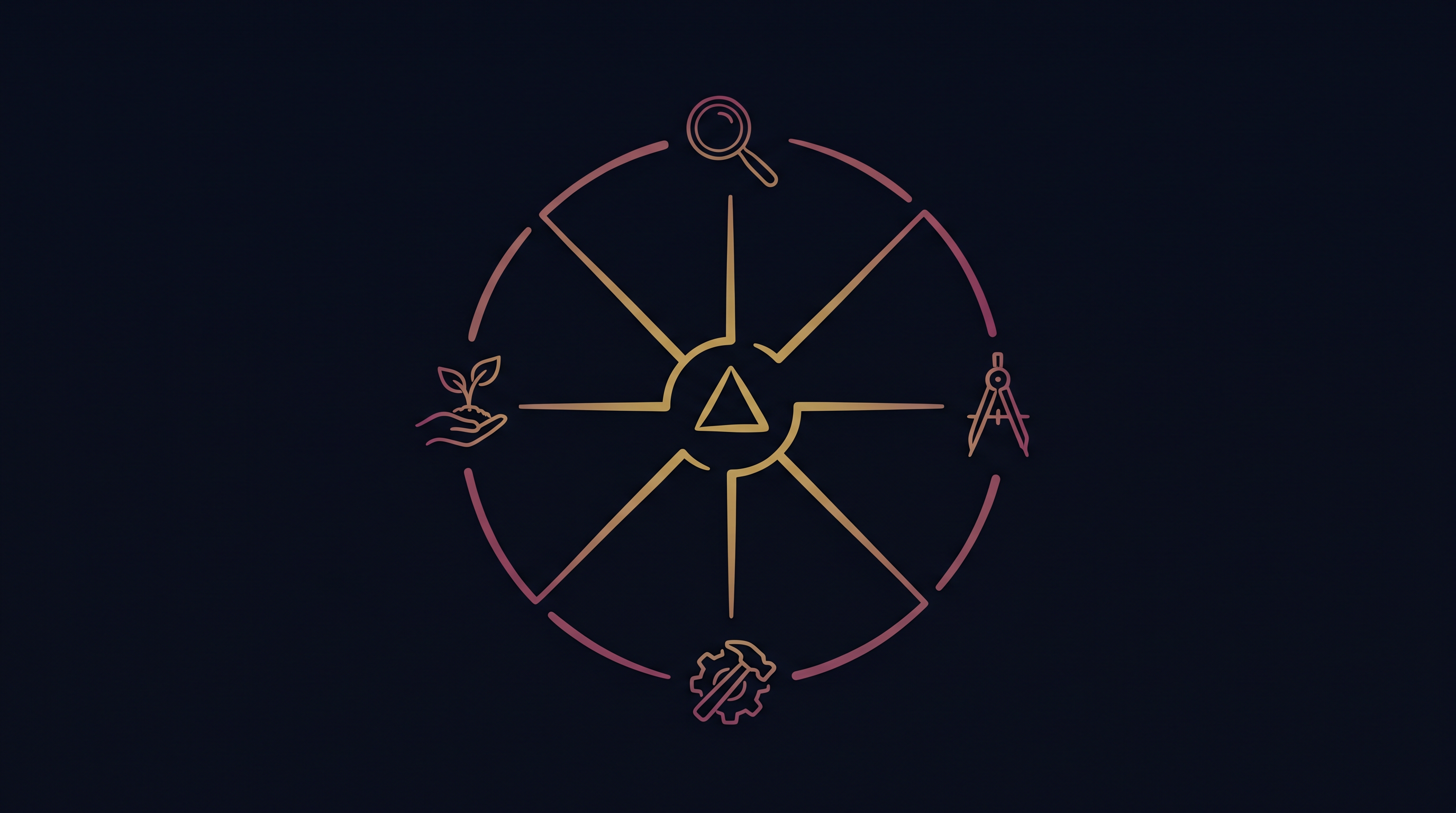 Line-art illustration of a process flowing through four connected stages in gold-to-magenta gradient