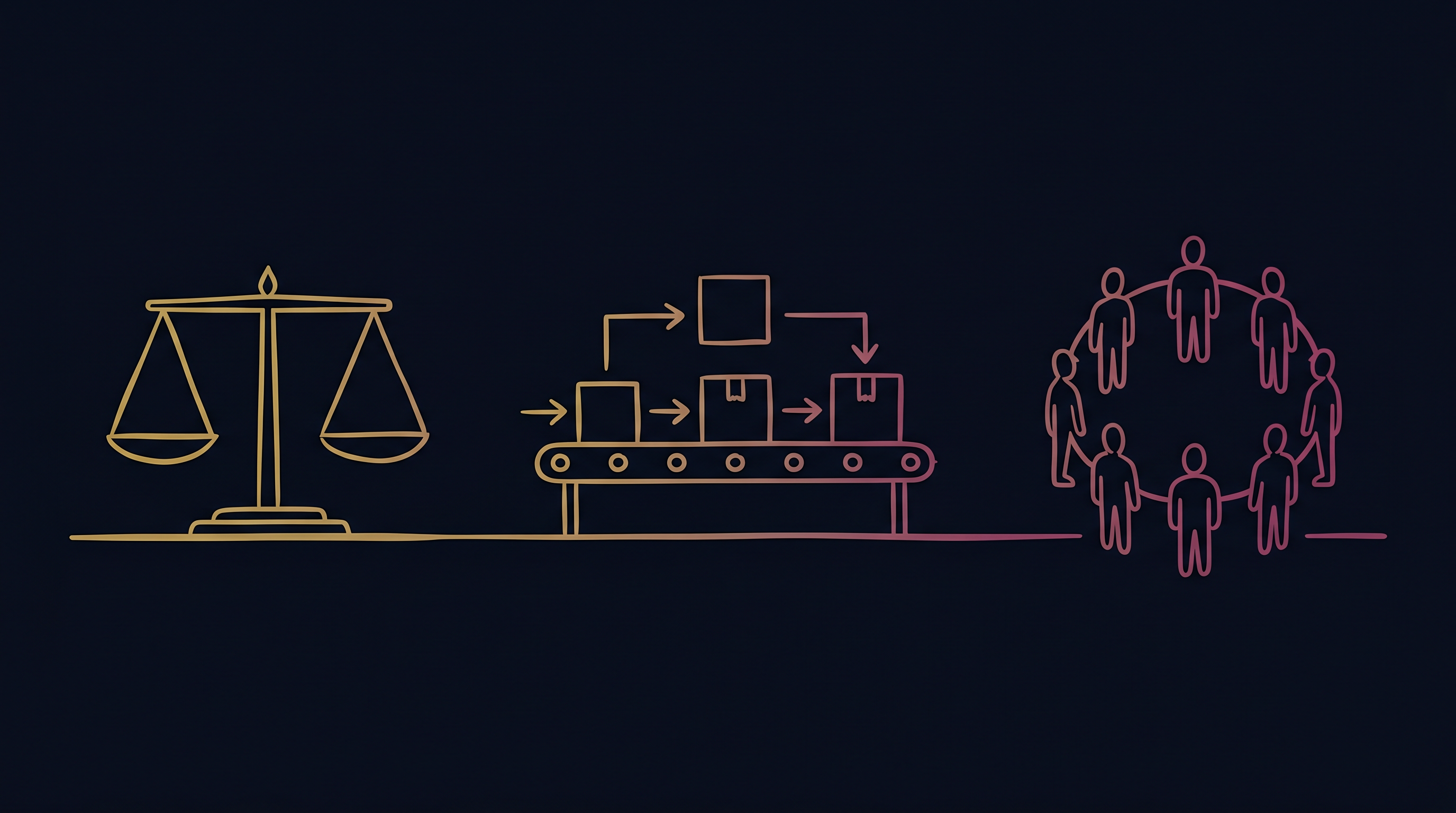 Line-art illustration of three distinct operational environments connected by flowing gradient lines