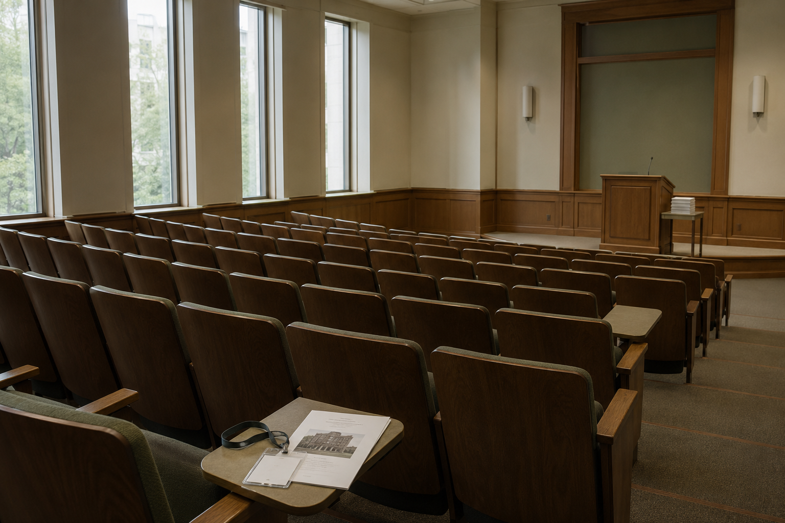 An empty lecture hall with rows of wooden seats, a lectern with printed handouts, and soft daylight from tall windows.