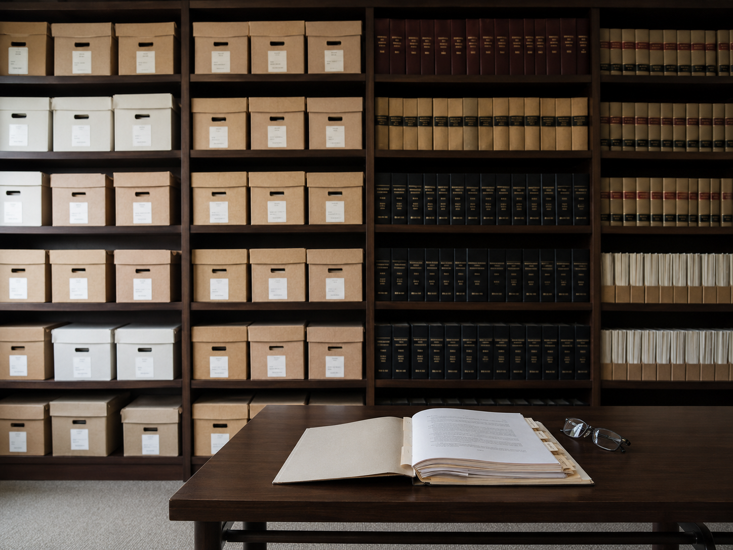 Floor-to-ceiling archive shelving with matched boxes and bound volumes in a law firm's records room, an open document folder with reading glasses in the foreground.