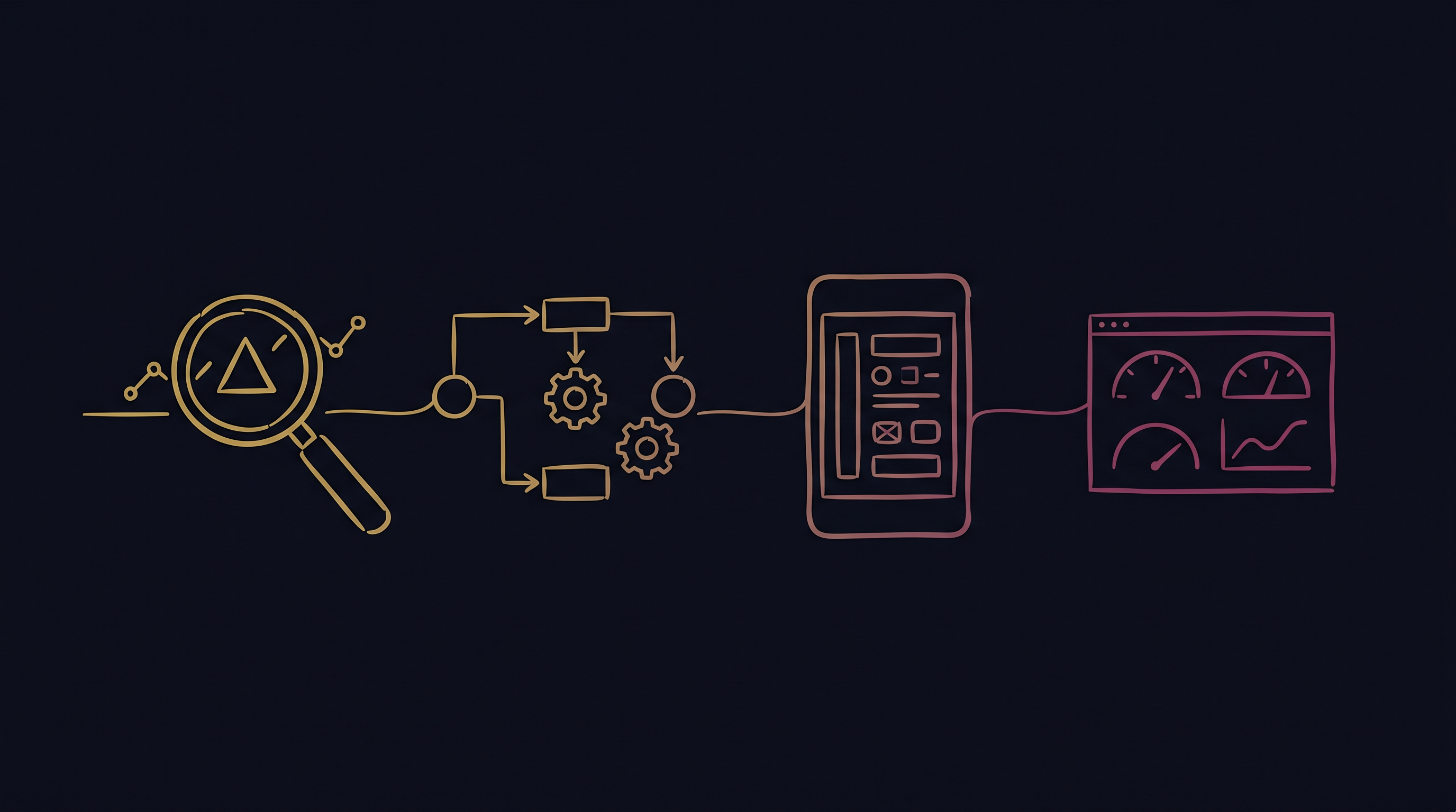 Line-art illustration of four service vignettes connected by flowing lines, gold-to-magenta gradient on dark slate